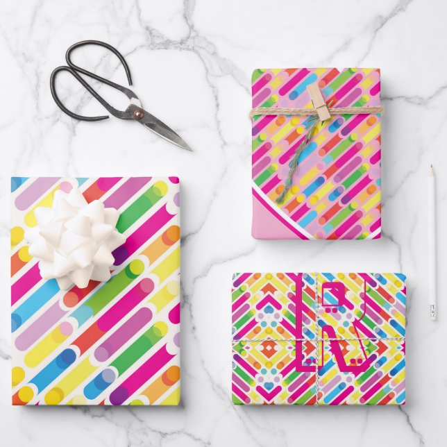 Monogram Rainbow Diagonal Lines Muster Pop Art Geschenkpapier Set (Vorderseite)