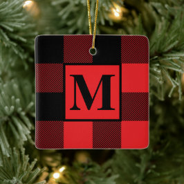 Monogram Red and Black Buffalo Karierte Weihnachte Keramikornament