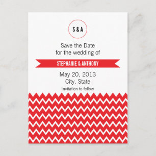 Monogram Red and White Zickzack Pattern Wedding Ankündigungspostkarte