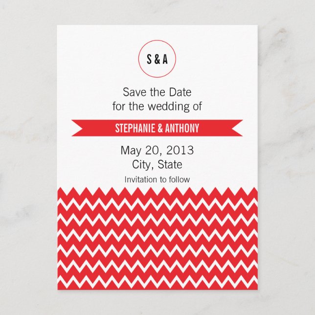 Monogram Red and White Zickzack Pattern Wedding Ankündigungspostkarte (Vorderseite)