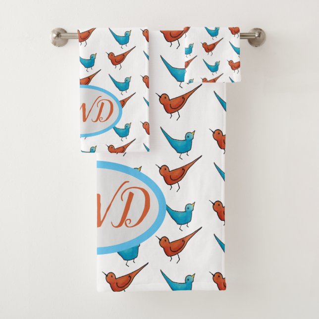 Monogram Red Bird Bluebird Badhandtuch Set (Insitu)