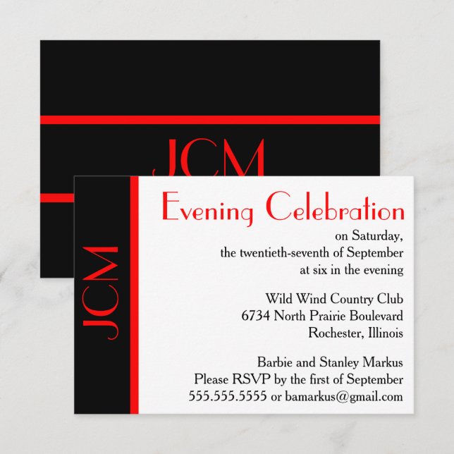 Monogram Red Black Abend Celebration UAWG White Einladung (Vorne/Hinten)