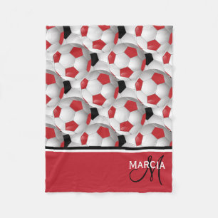 Monogram Red Black and White Soccer Ball Pattern Fleecedecke