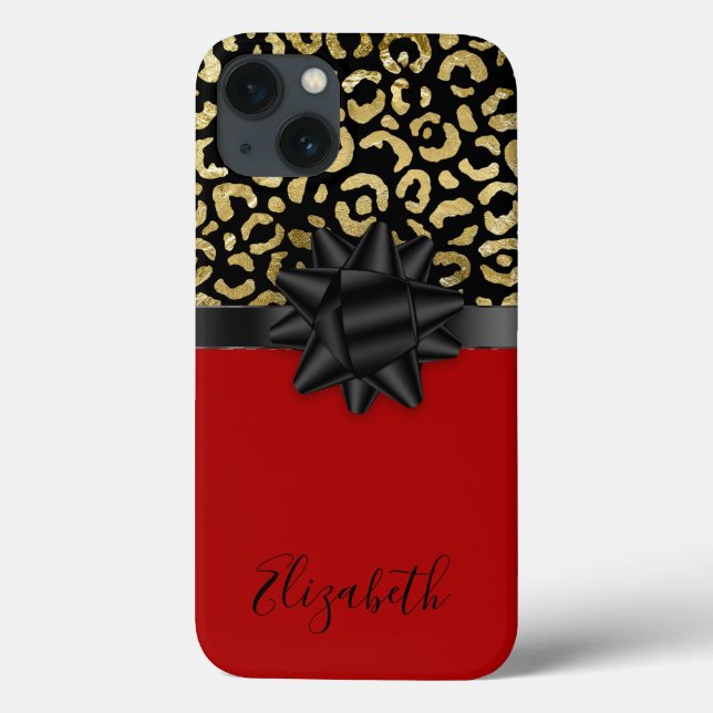 Monogram Red Black Gold Leopard Print Bow Trendy Case-Mate iPhone Hülle (Rückseite)