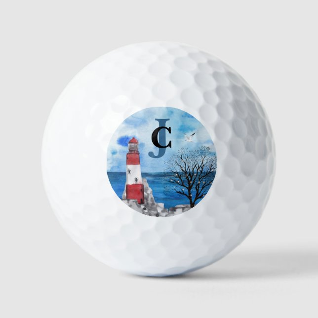Monogram Red & Blue Lighthouse Aquarellfarben Golfball (Vorderseite)