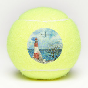 Monogram Red & Blue Lighthouse Aquarellfarben Tennisbälle