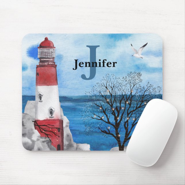 Monogram Red & Blue Lighthouse Wasserfarbe Kunst Mousepad (Mit Mouse)
