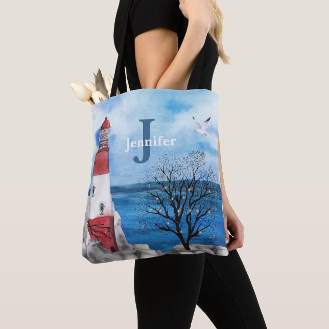 Monogram Red & Blue Lighthouse Wasserfarbe Kunst Tasche (Von Nahem)