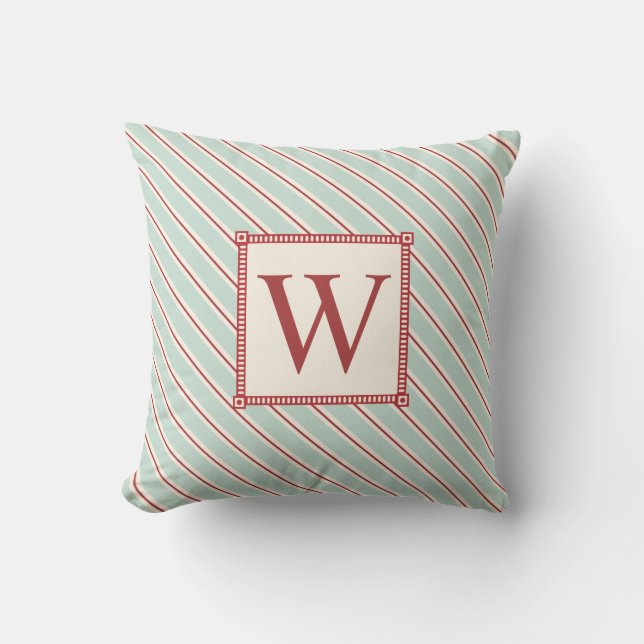 Monogram Red Blue Stripe Throw Pillow Kissen (Vorderseite)