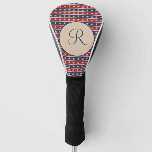 Monogram Red Blue Tan Stars Strips Patriotic Golf Headcover (Vorderseite)