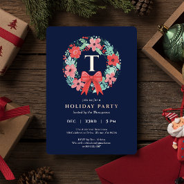 Monogram Red Bow Wreath Blue Christmas Party Gold Folien Feiertagskarte