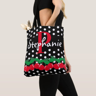 Monogram Red Cherries White Polka Dots Retro Tasche