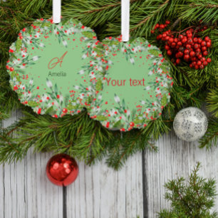 Monogram Red Christmas botanical Classic Round Ornament Karte