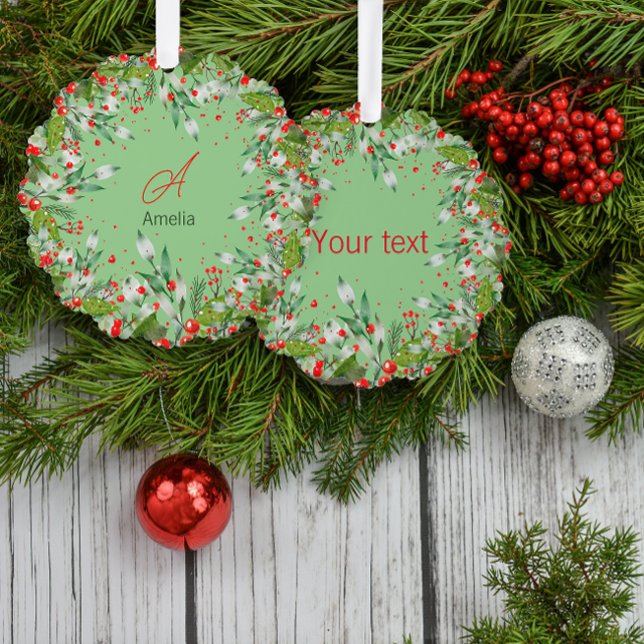 Monogram Red Christmas botanical Classic Round Ornament Karte (Von Creator hochgeladen)