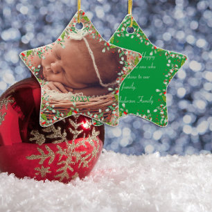 Monogram Red Christmas Green Foto Classic Keramik Ornament