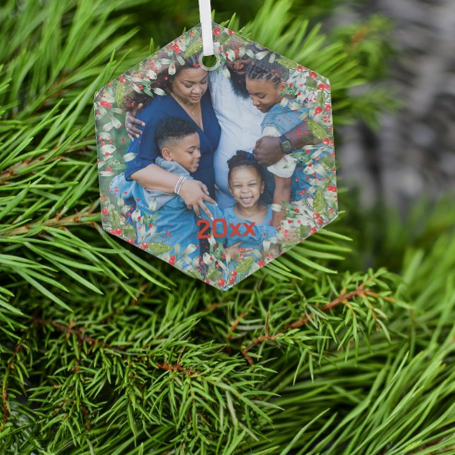 Monogram Red Christmas Green Foto Classic Round Ornament Aus Glas (Von Creator hochgeladen)