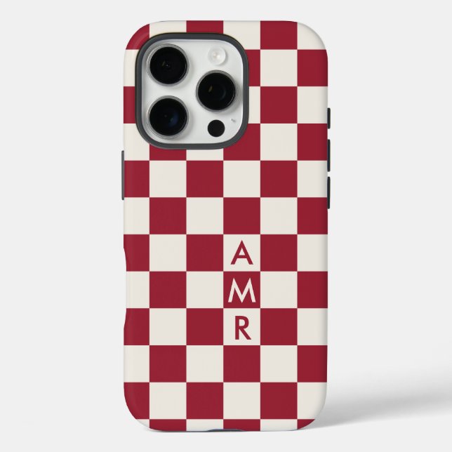 Monogram Red Cream Checkered Pattern iPhone 16 Pro Hülle (Rückseite)