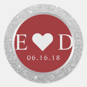 Monogram Red Elegant Silver Glitzer Wedding Runder Aufkleber