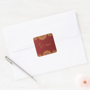 Monogram Red Gold Mandala Indian Wedding Envelope Quadratischer Aufkleber