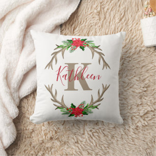 Monogram Red Green Christmas Floral Antlers Kissen