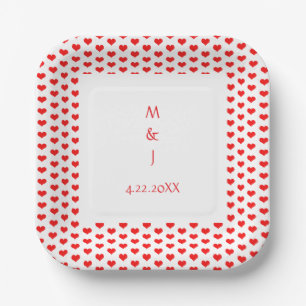 Monogram Red Hearts Couple Name Romantic Wedding Pappteller