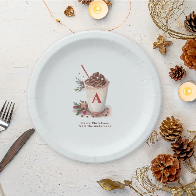 Monogram Red Hot Cocoa Coffee Weihnachtsfeier   Pappteller (Von Creator hochgeladen)