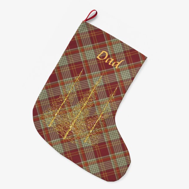 Monogram Red Kariert Gold Trees Weihnachts-Strumpf Großer Weihnachtsstrumpf (Vorderansicht (hängend))