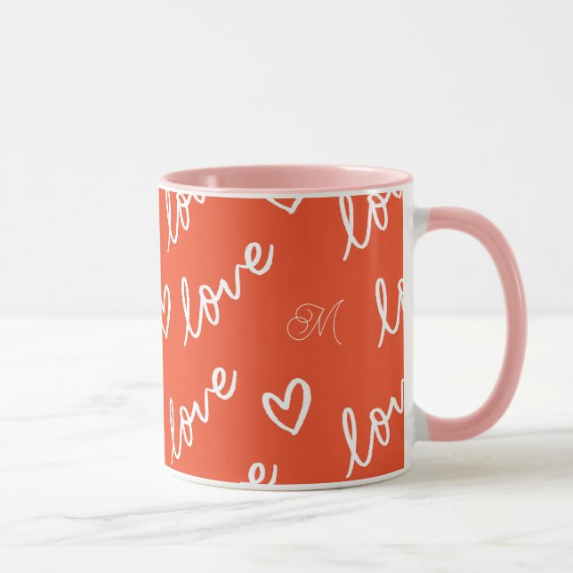 Monogram Red Liebe Herz Muster Tasse (Rechts)