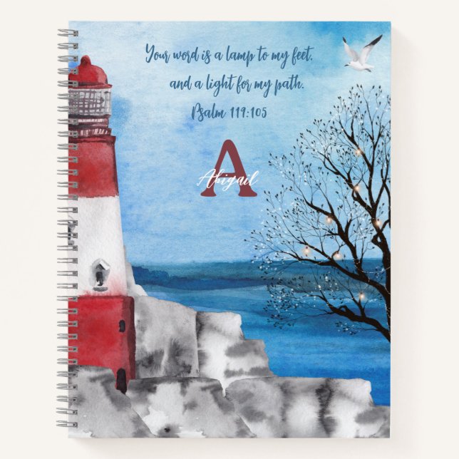 Monogram Red Lighthouse Watercolor Scene Scripting Notizbuch (Vorderseite)