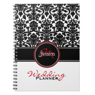 Monogram Red Schwarz-weiß Damask Wedding Planner Notizblock