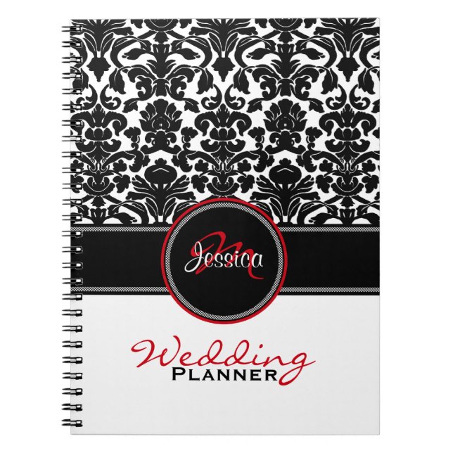 Monogram Red Schwarz-weiß Damask Wedding Planner Notizblock (Vorderseite)