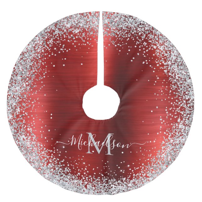 Monogram Red Silver Glitzer Girly Glam Polyester Weihnachtsbaumdecke (Vorderseite)