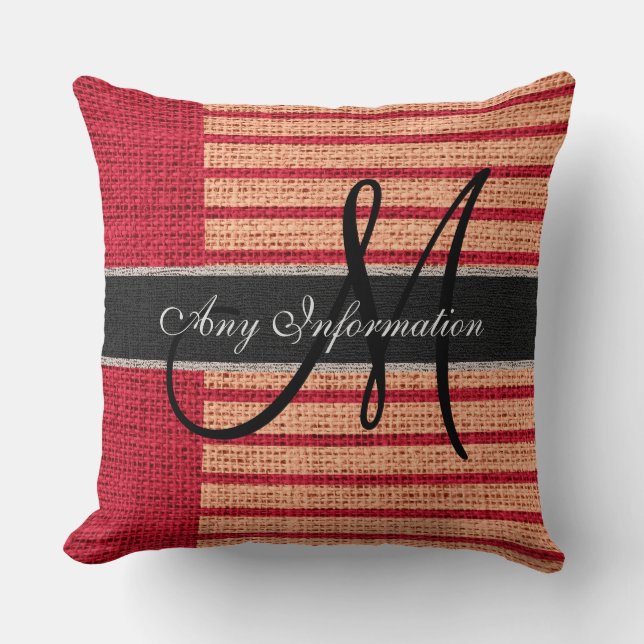 Monogram Red Stripes Burlap Rustikaler Jute Kissen (Vorderseite)
