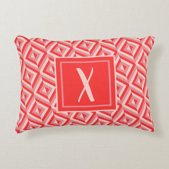 Monogram Red Three Tone Diamond Muster Dekokissen (Vorderseite)