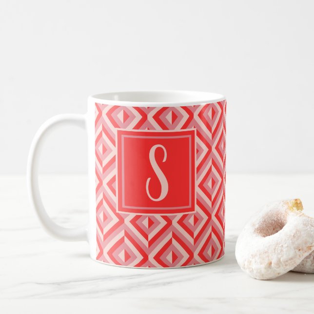 Monogram Red Three Tone Diamond Muster Kaffeetasse (Mit Donut)