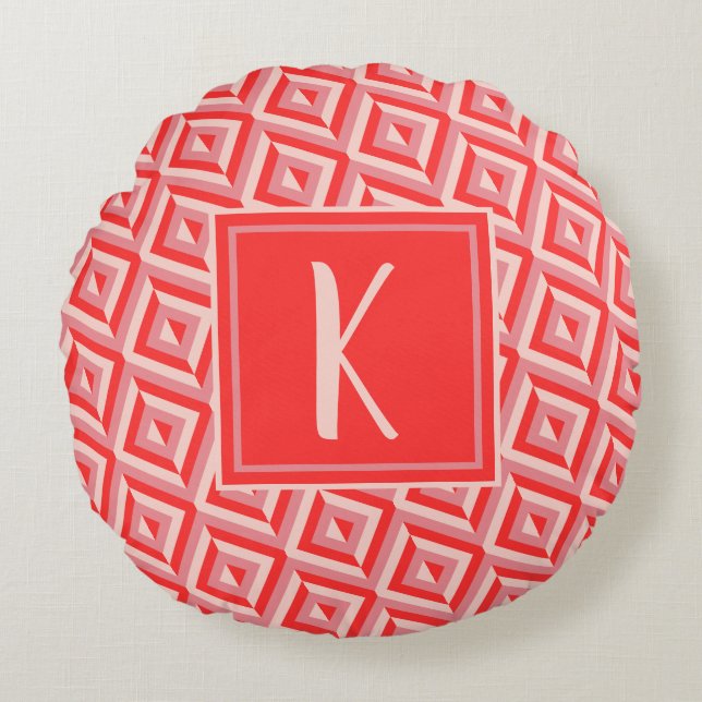 Monogram Red Three Tone Diamond Muster Rundes Kissen (Vorderseite)