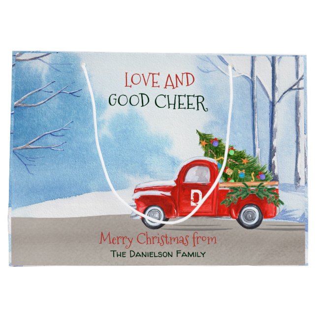 Monogram Red Truck Weihnachtsfeierliche Liebe und  Große Geschenktüte (Rückseite)