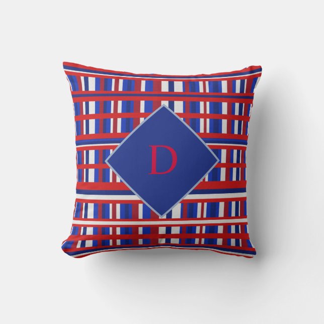 Monogram Red, White Blue Kariert Patriot Kissen (Vorderseite)