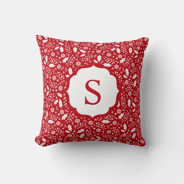 Monogram Red White Christmas Floral Pattern Kissen (Vorderseite)