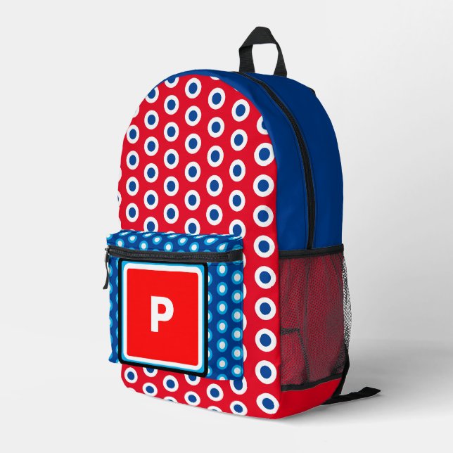 Monogram Red White Polka Dots Bedruckter Rucksack (Rückseitige Ecke Rechts)