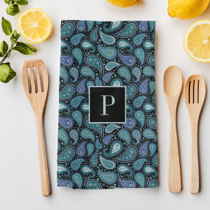 Monogram Retro Blau Paisley-Muster Geschirrtuch