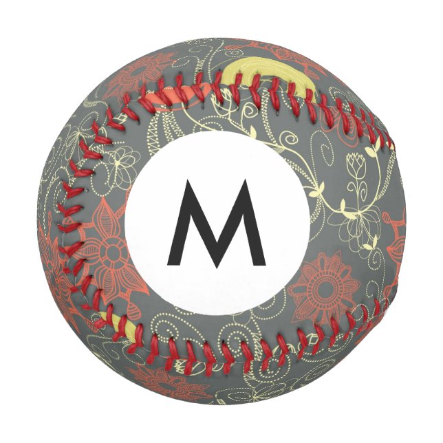 Monogram Retro Blumenmuster 2 Baseball (Vorderseite Links)