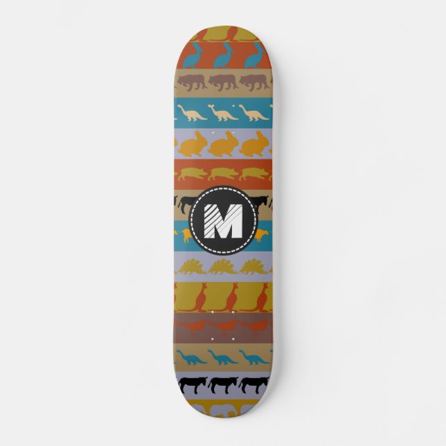 Monogram Retro Farbiges Tiermuster #8 Skateboard (Vorderseite)