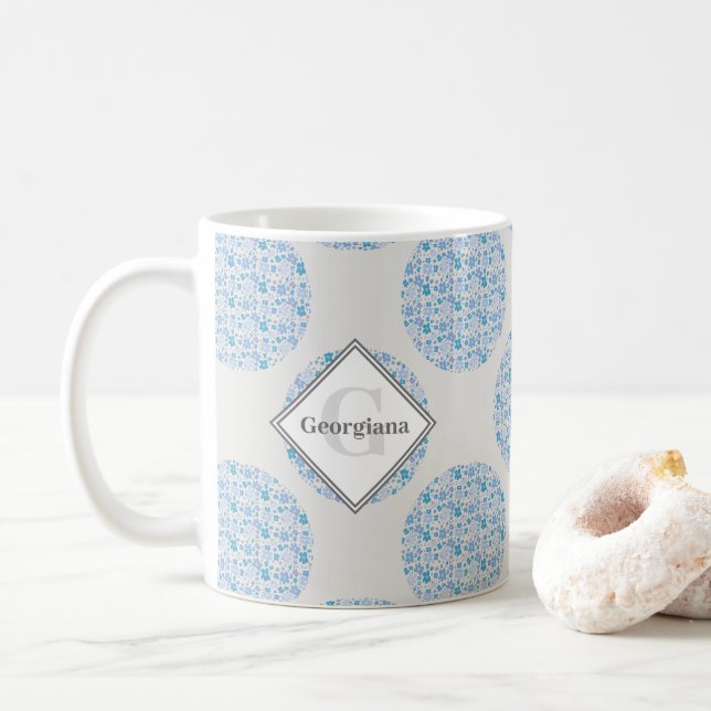 Monogram Retro Florals Berry Blues Polka Dot Kaffeetasse (Mit Donut)