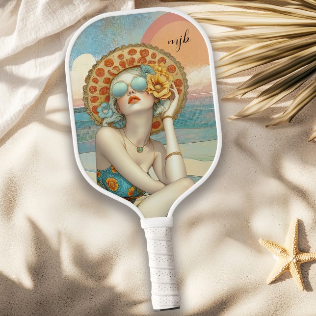 Monogram Retro Glam Summer Beach Vibes Pickleball Schläger (Personalize with your monogram initials.)