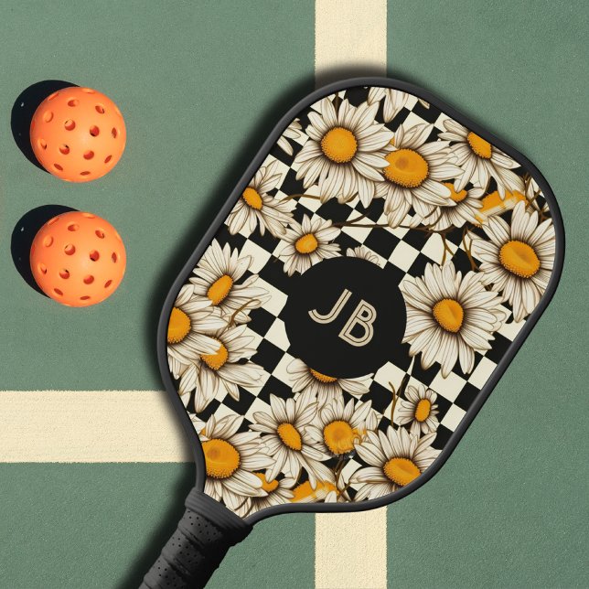 Monogram Retro Groovy Daisy Checkerboard Pickleball Schläger (Von Creator hochgeladen)