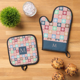Monogram Retro-Schachbrett & Daisy-Muster Dusty Pi Ofenhandschuh & Topflappen-Set