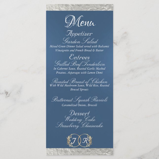 Monogram & Ribbon - Light Blue Wedding Menükarte (Vorderseite)