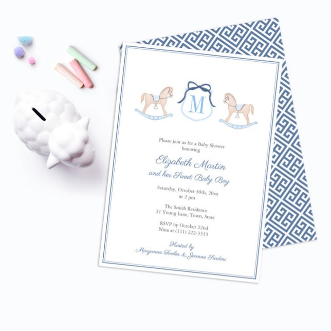 Monogram Rocking Horse Kinderdusche für Party Einladung (Preppy Navy Blue And White Watercolor Wooden Rocking Horse Baby Shower Invitation for boy)