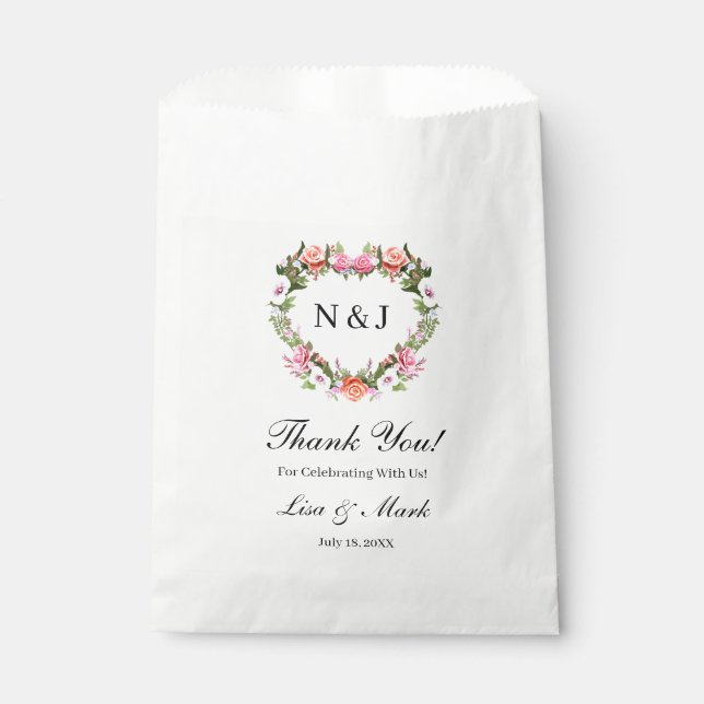 Monogram Romantische Rose Blumenherz Geschenktütchen (Vorderseite)